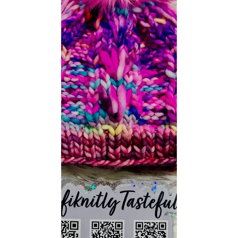Hand Knit Merino Wool Scrappy Lake Erie Beanie: Faux Fur Pom - Adult Size